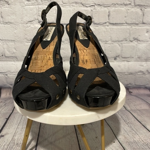 Steve Madden vintage 90s wedge heels black ribbon material open toe size 6 - Picture 3 of 8